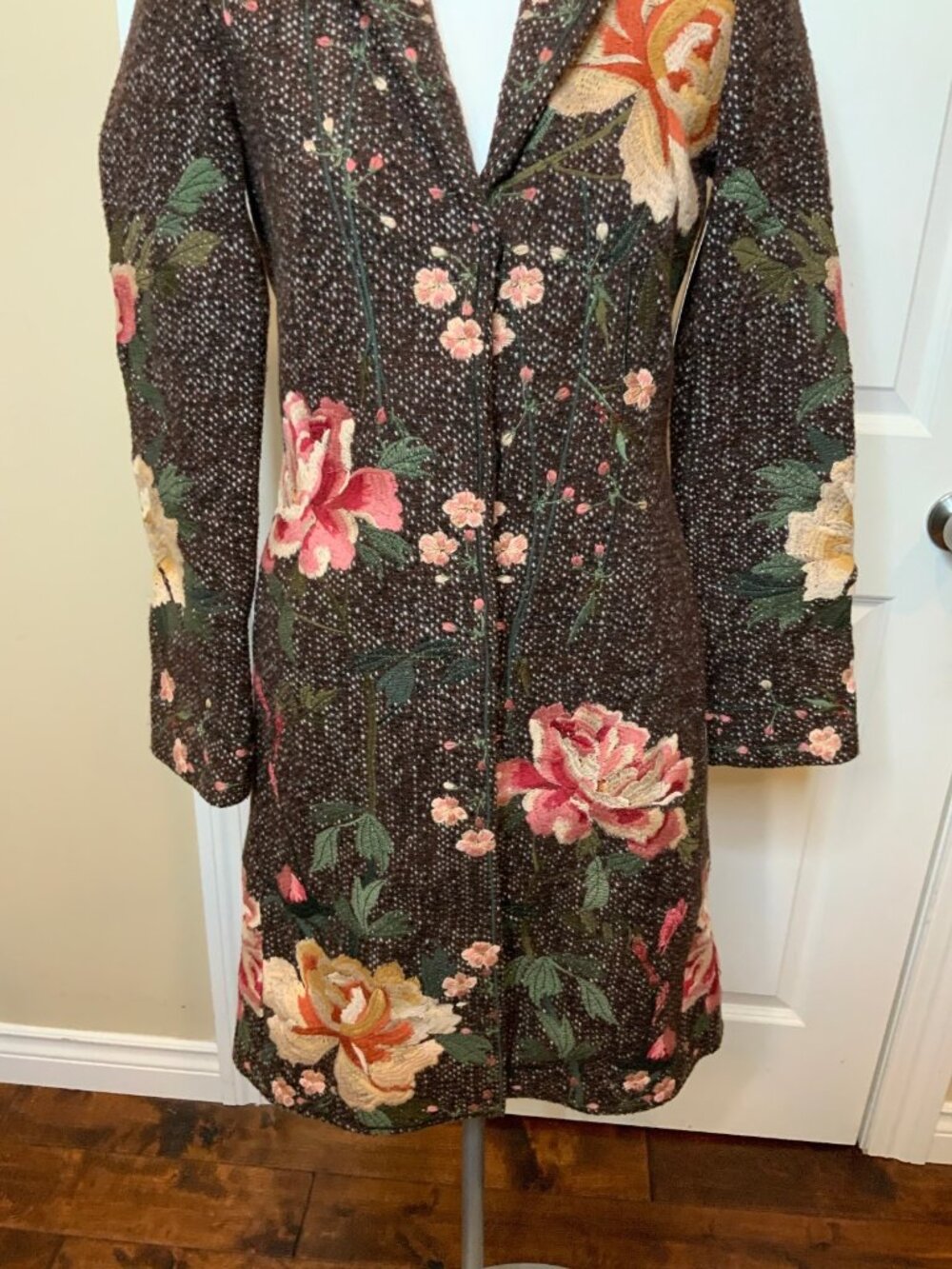 Biya Brown Multicolored Embroidered Floral Tapestry Long Wool Coat - Picture 3 of 8